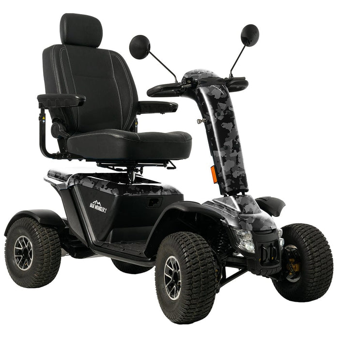 Pride Baja Wrangler 2 All Terrain Mobility Scooter Mobility Scooters Pride Mobility Black Camo 75 AH Battery - Up to 20.2 mile range ($0) Hi-Back (Black Vinyl) 16" x 16-18" ($0)