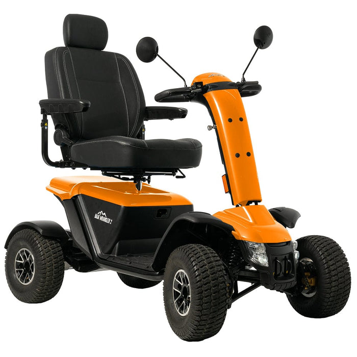 Pride Baja Wrangler 2 All Terrain Mobility Scooter Mobility Scooters Pride Mobility Orange Crush 75 AH Battery - Up to 20.2 mile range ($0) Hi-Back (Black Vinyl) 16" x 16-18" ($0)