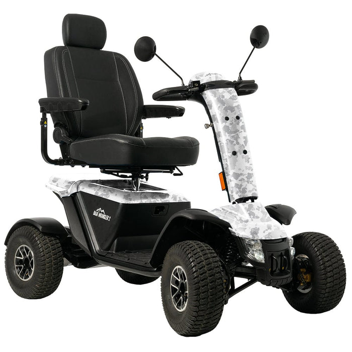 Pride Baja Wrangler 2 All Terrain Mobility Scooter Mobility Scooters Pride Mobility White Camo 75 AH Battery - Up to 20.2 mile range ($0) Hi-Back (Black Vinyl) 16" x 16-18" ($0)